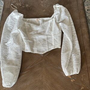 White Lace Cropped Puff-Sleeve Top